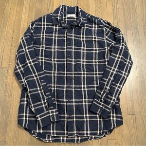 Taylor Stitch plaid striped navy blue beige long sleeve button shirt